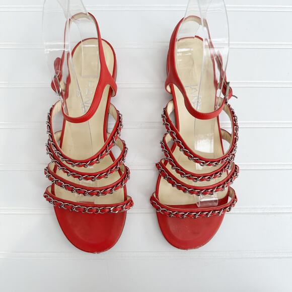 Chanel Red Leather CC Chain Sandals Four Strap Ankle Gladiator 38 - Picture 1 of 14